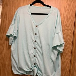 Aqua-Colored Tie Front Button Down Top